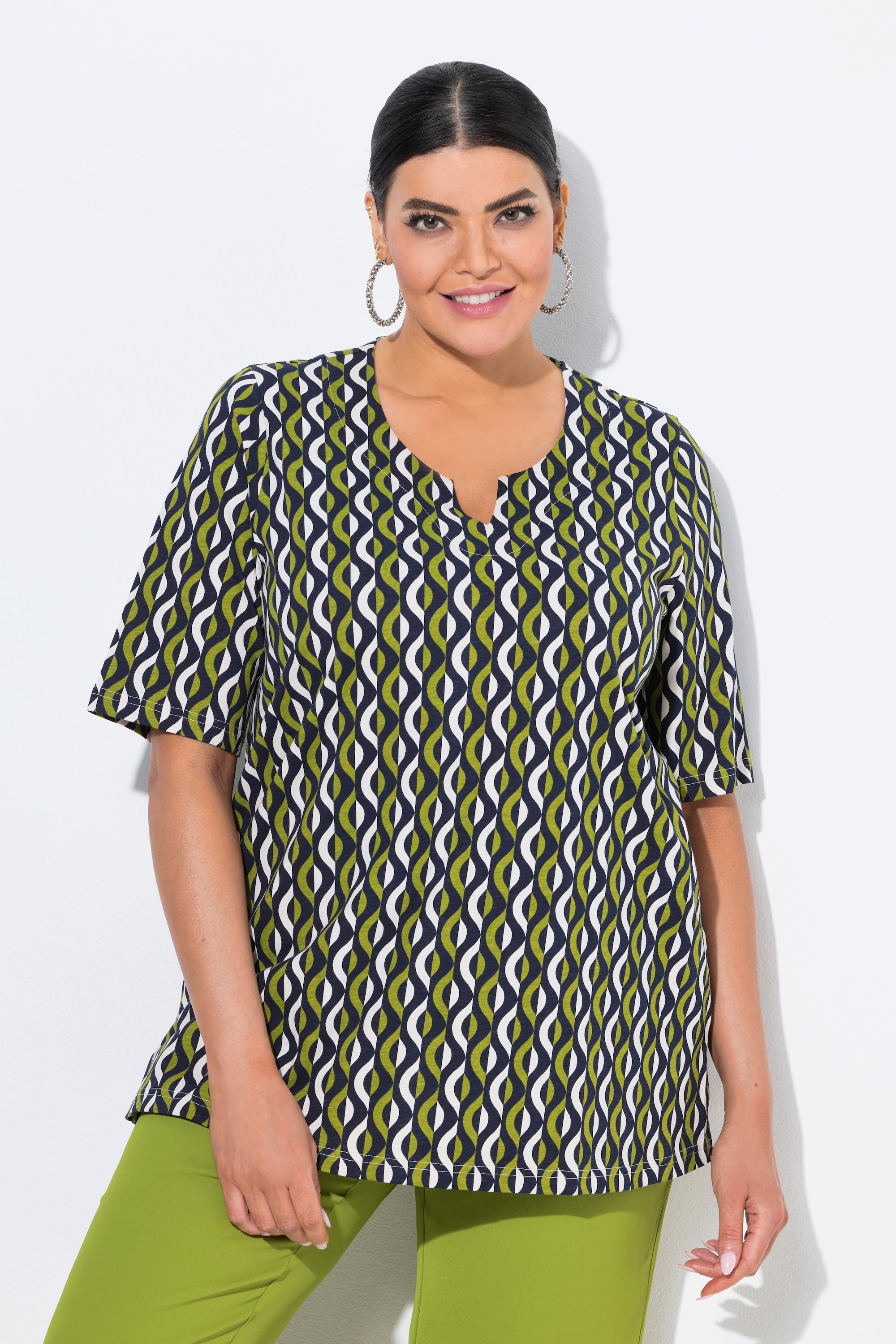 Ulla Popken Imprimé Graphique T-Shirt Col Tunisien Manches Courtes  