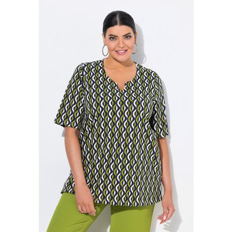 Ulla Popken Imprimé Graphique T-Shirt Col Tunisien Manches Courtes  