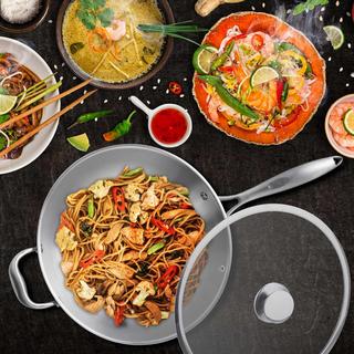 Northio Wok en acier inoxydable avec couvercle en verre  