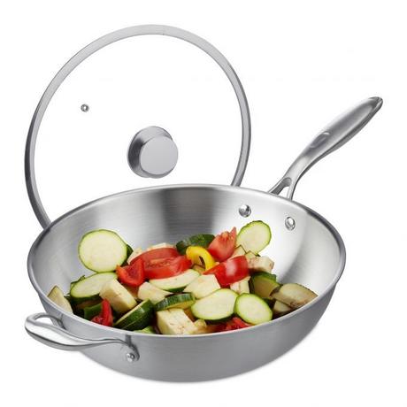 Northio Wok en acier inoxydable avec couvercle en verre  