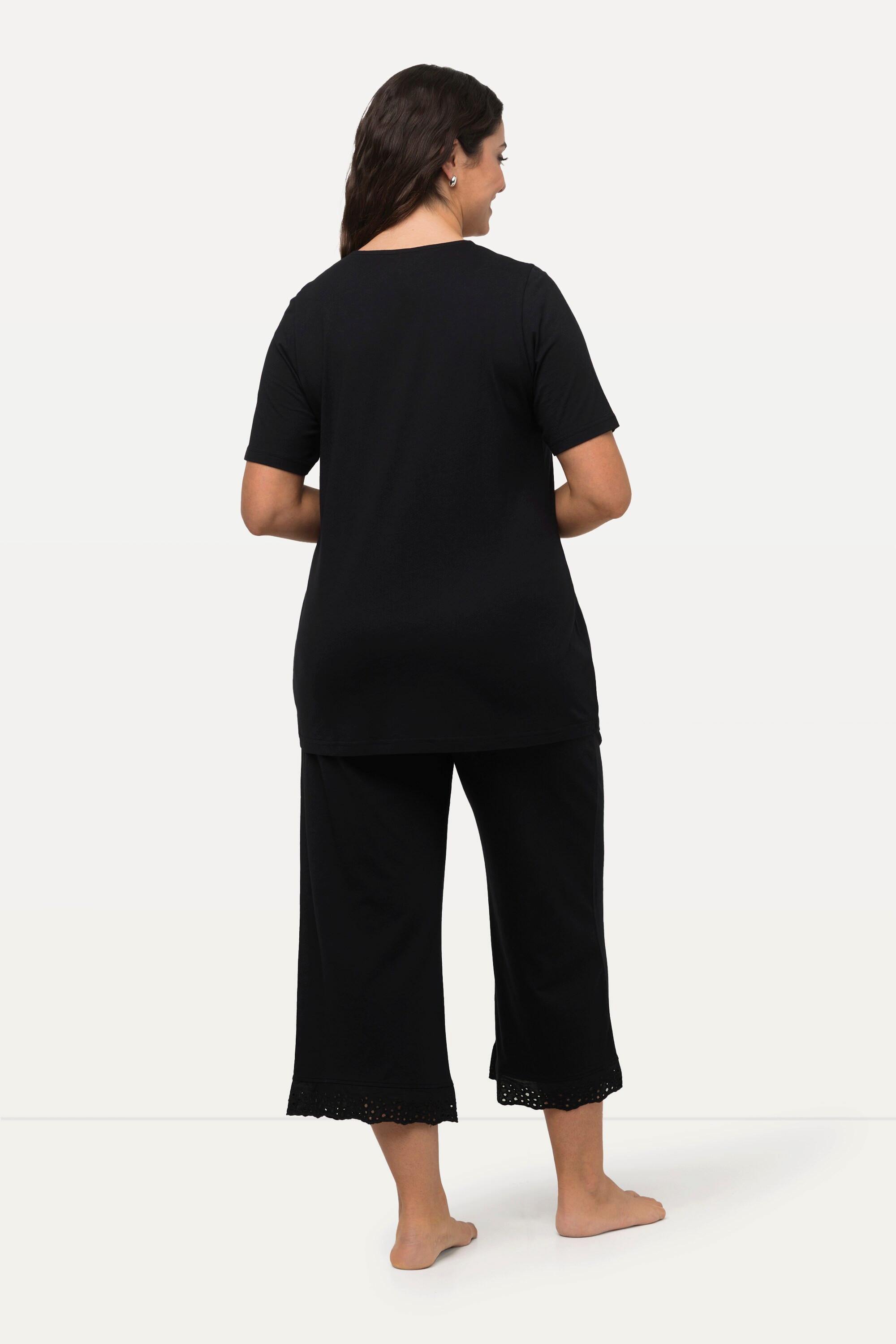 Ulla Popken Pyjama Lochstickerei V-Ausschnitt Halbarm Modalmix  