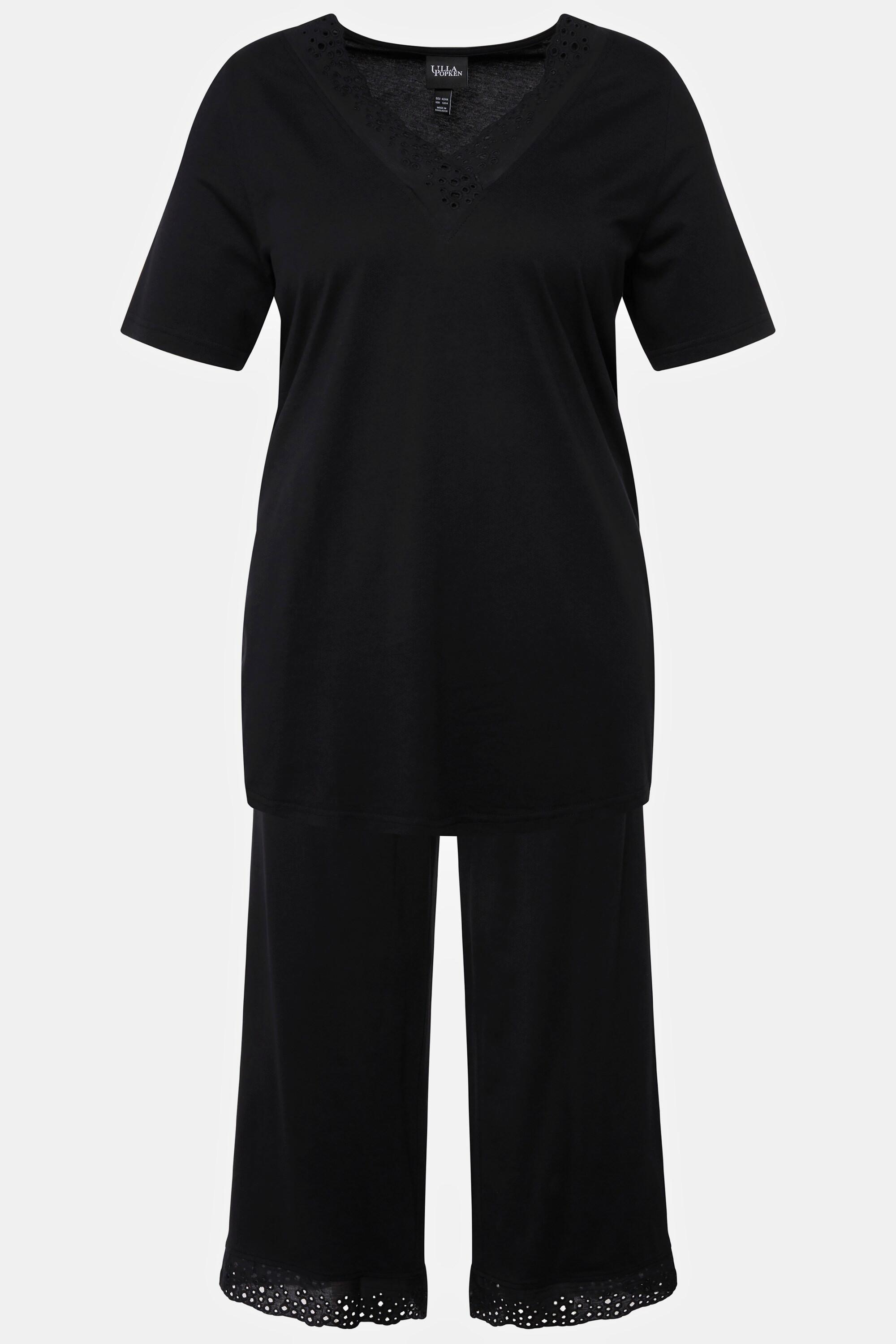 Ulla Popken Pyjama Lochstickerei V-Ausschnitt Halbarm Modalmix  