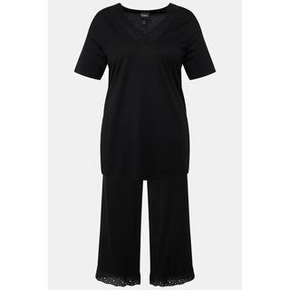 Ulla Popken Pyjama Lochstickerei V-Ausschnitt Halbarm Modalmix  