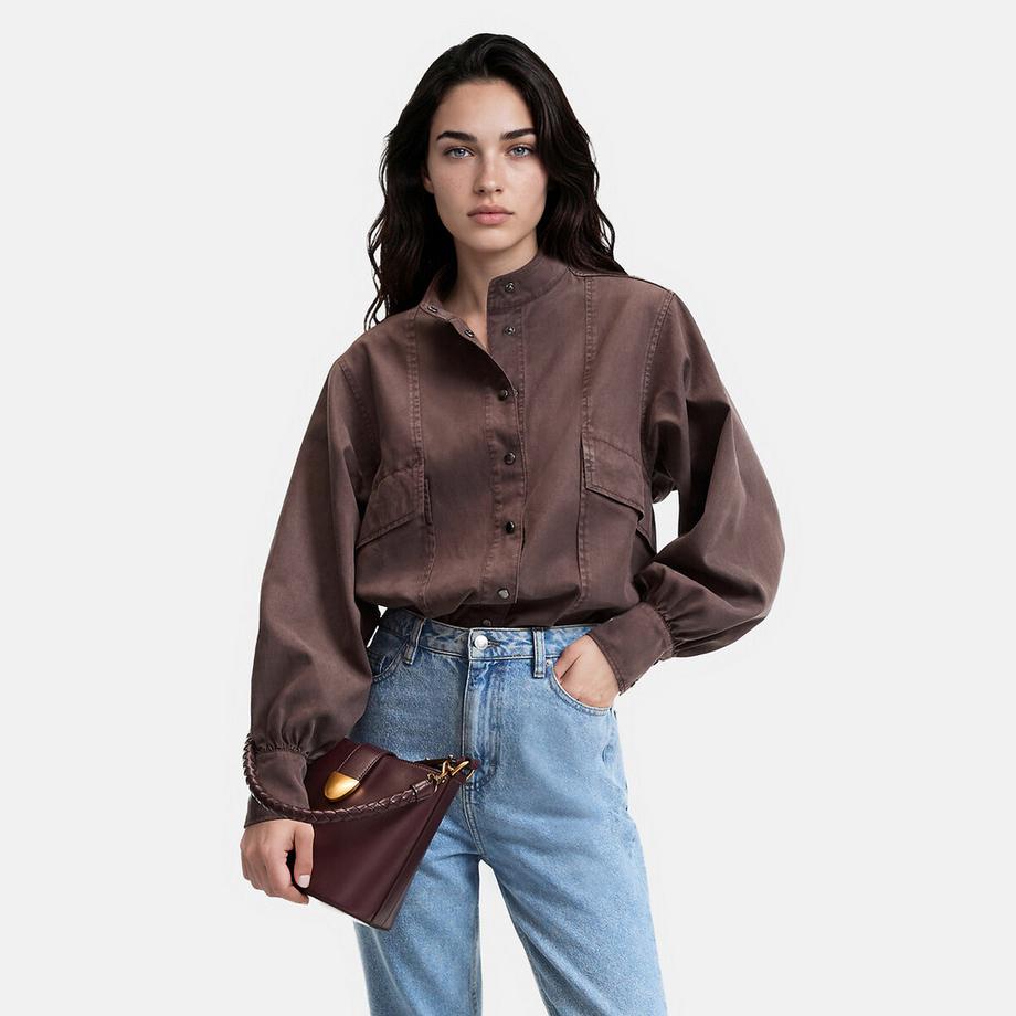 Chemise col montant manches bouffantes en lyocell et coton
