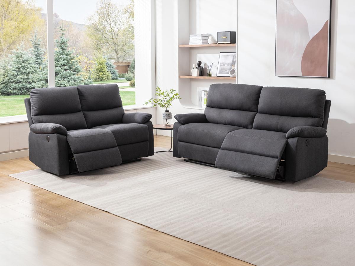 Vente-unique Canapé 3 places et 2 places relax électrique en tissu gris anthracite LUNANO  