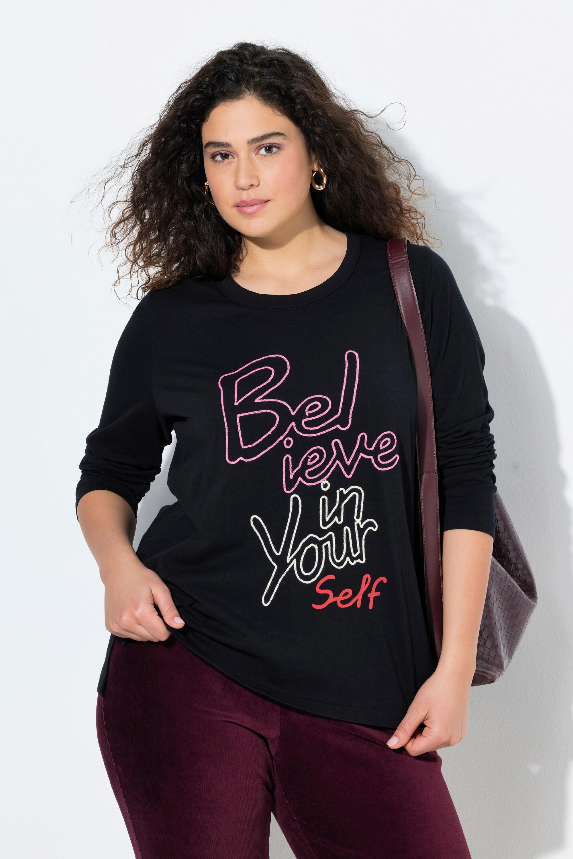 Ulla Popken T-shirt classique col rond manches longues motif message  