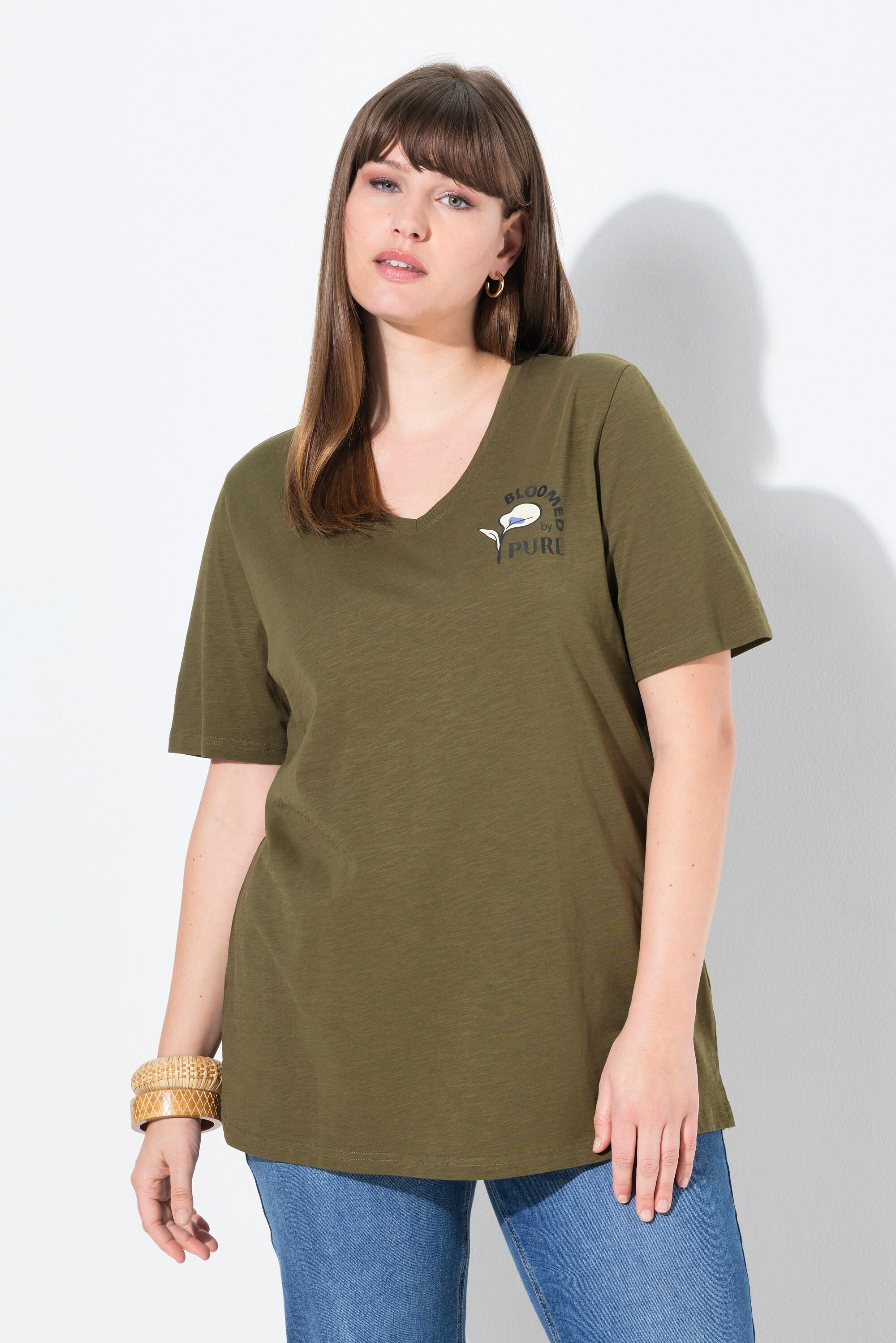 Ulla Popken Blüte V-Ausschnitt Halbarm T-Shirt Biobaumwolle  