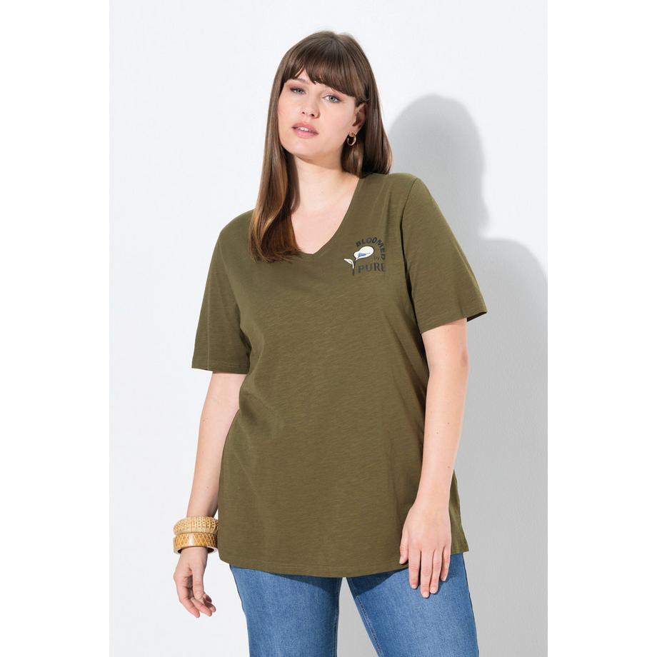 Ulla Popken Fleur Col V Manches Courtes T-Shirt Coton Bio  