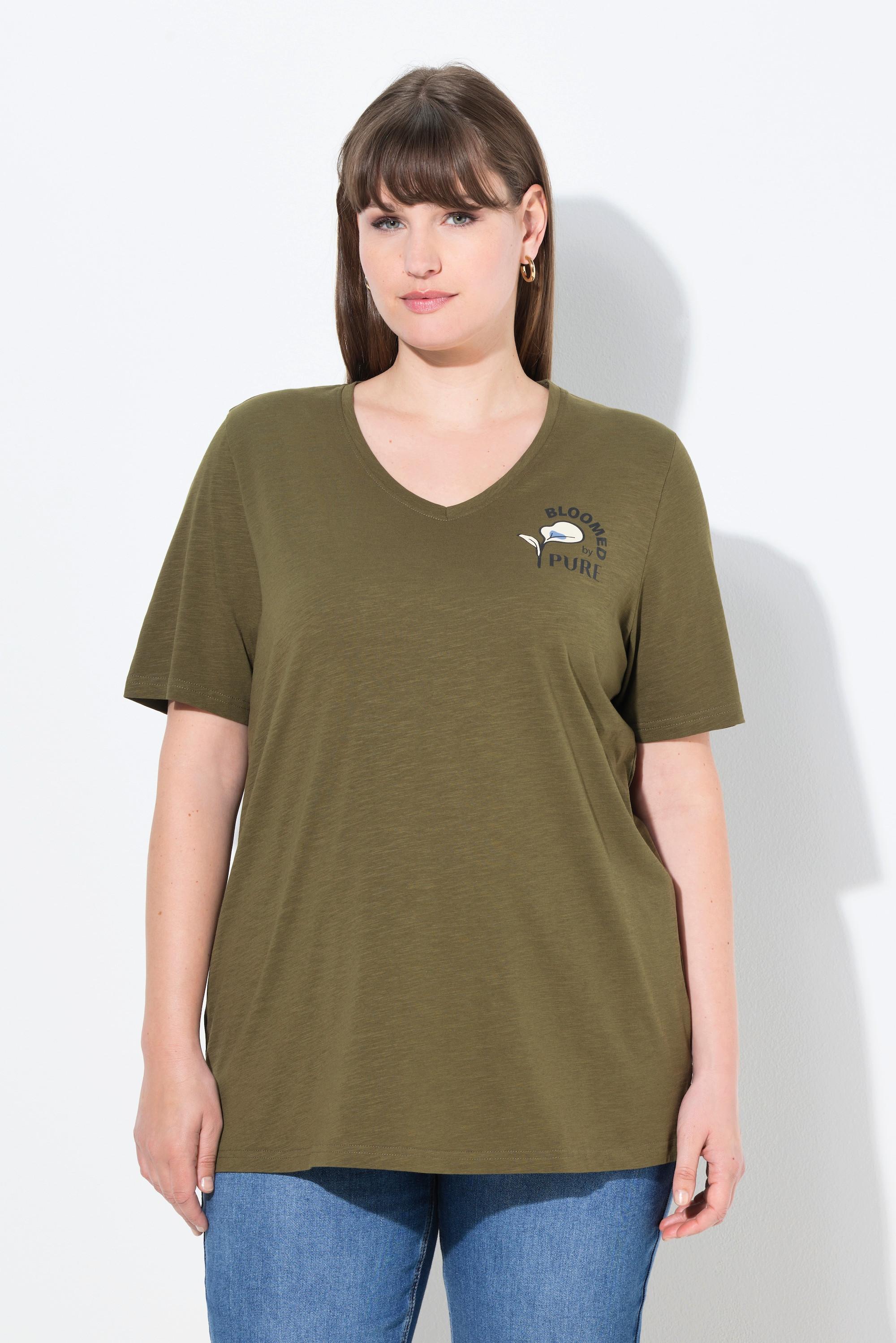 Ulla Popken Blüte V-Ausschnitt Halbarm T-Shirt Biobaumwolle  