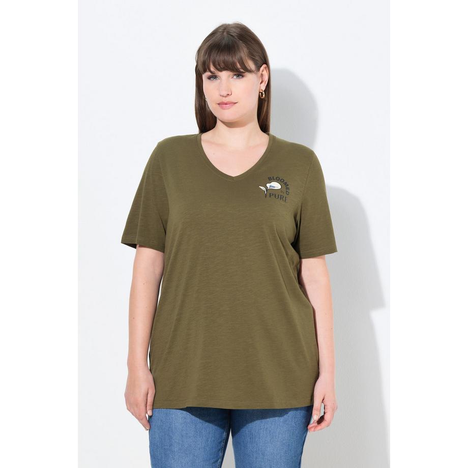 Ulla Popken Fleur Col V Manches Courtes T-Shirt Coton Bio  