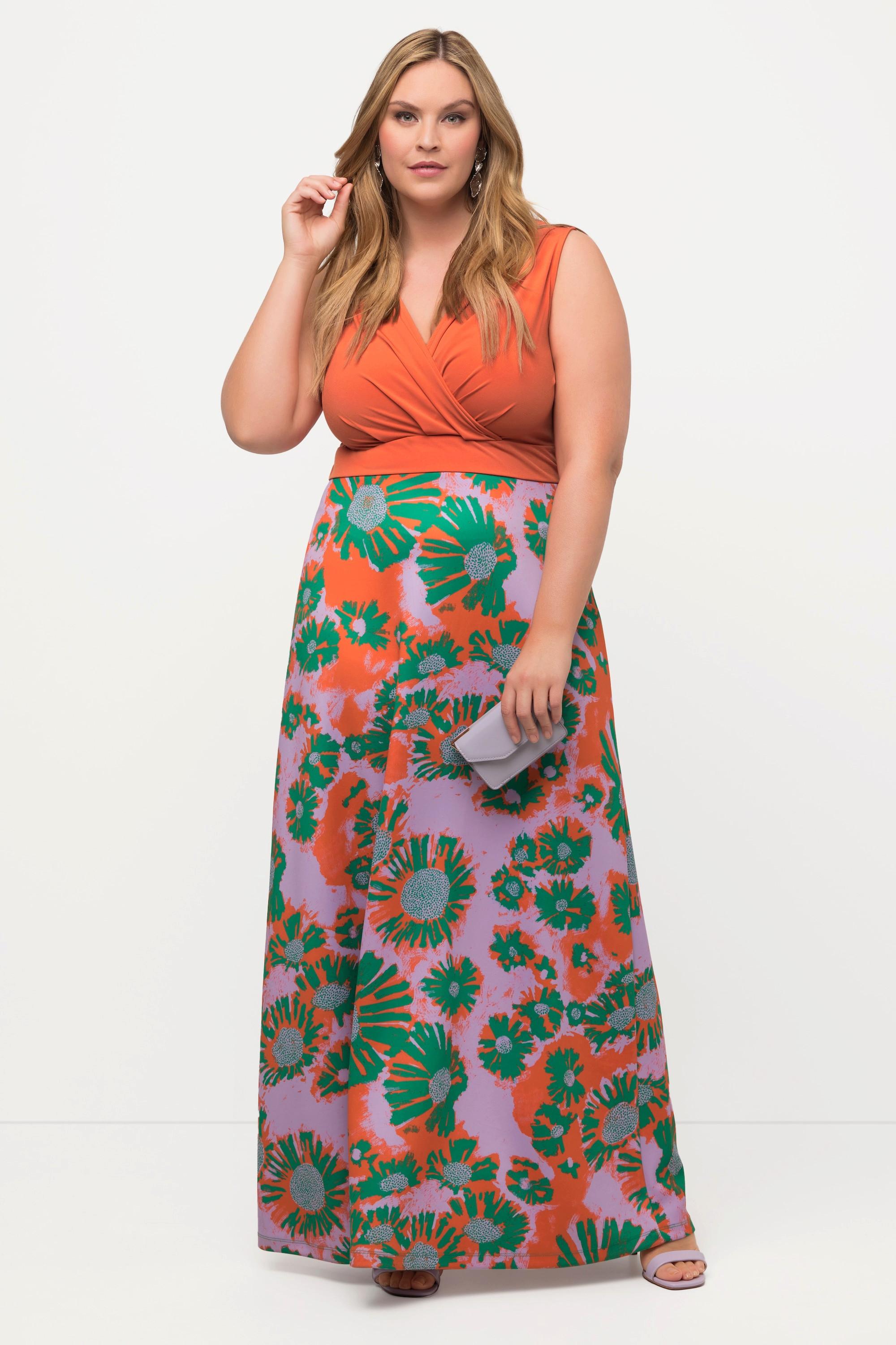 Ulla Popken Maxi Abito Jersey Fiori Scollo a V Senza Maniche  