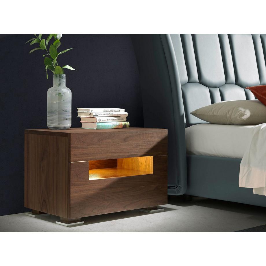 ANGEL CERDA Comodino in noce e acciaio lucido con illuminazione interna  