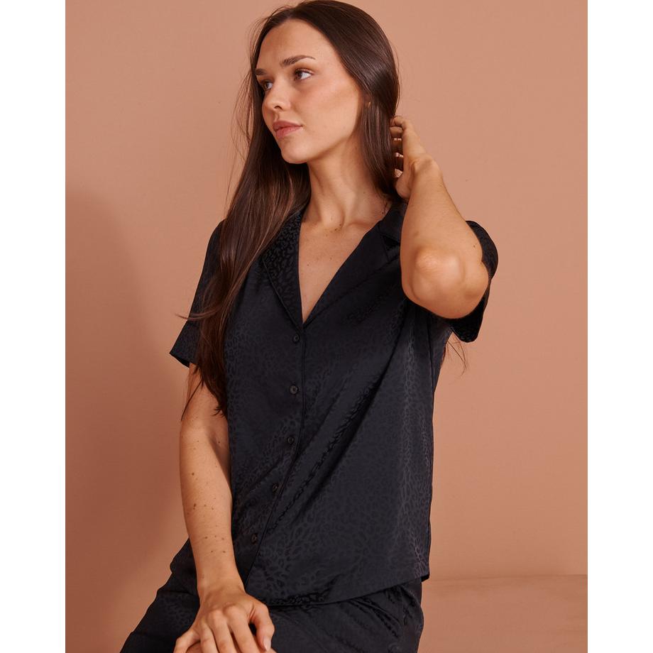 La Vie En Rose Kurzarm Pyjama Set Satin Jacquard Leopardenmuster  
