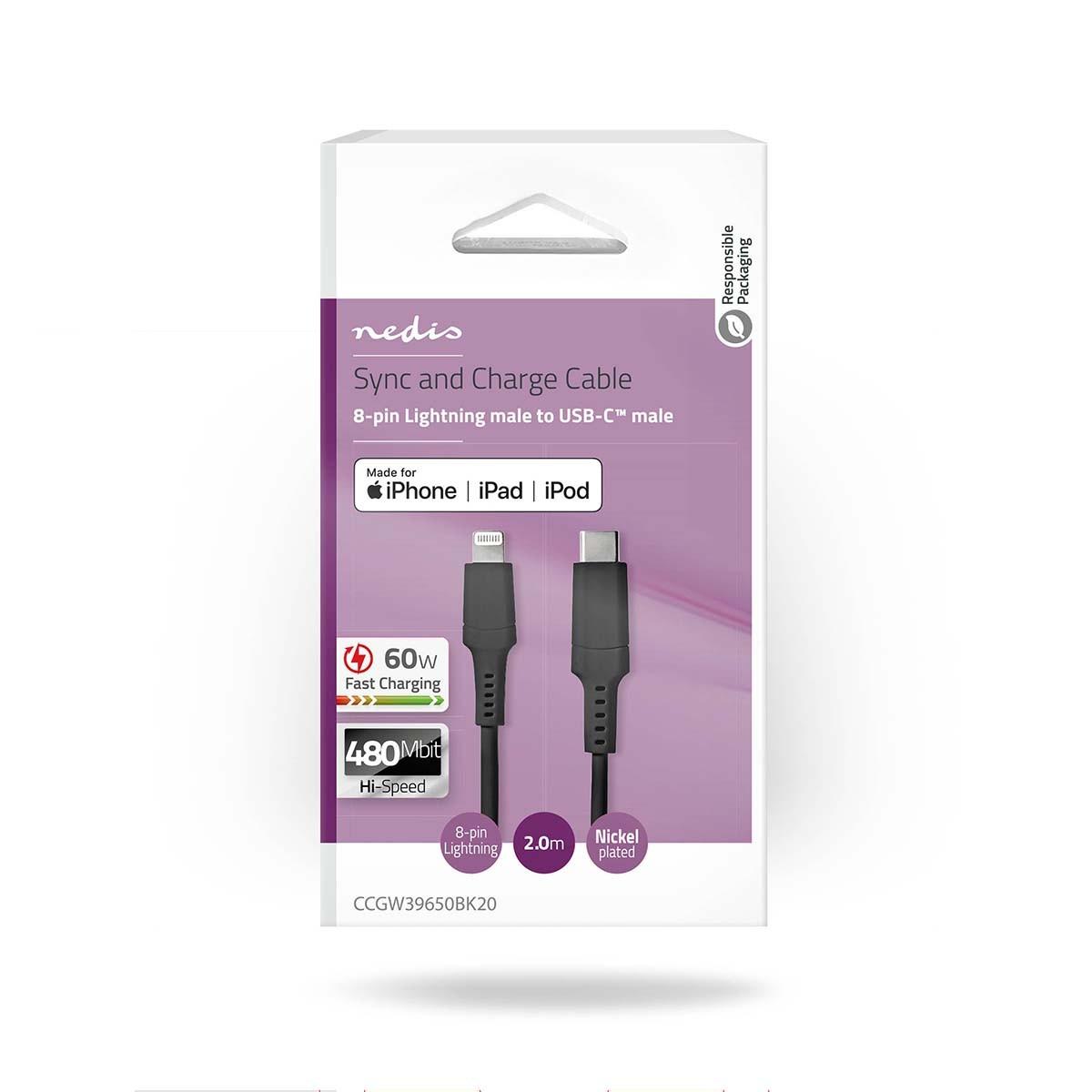 Nedis  Câble Lightning | USB 2.0 | Apple Lightning, 8 broches | USB-C™ mâle | 480 Mbps | Nickelé | 2,00 m | Rond | PVC | Noir | Boîte 