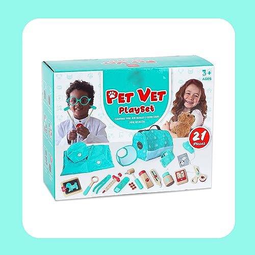 Activity-board  Étui de médecin pour enfants en bois, jouet vétérinaire pour enfants avec modèle de chien, étui de médecin pour enfants avec manteau et chapeau de médecin, étui de vétérinaire pour jeu de rôle pour enfants 