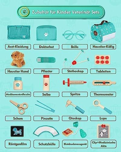 Activity-board  Étui de médecin pour enfants en bois, jouet vétérinaire pour enfants avec modèle de chien, étui de médecin pour enfants avec manteau et chapeau de médecin, étui de vétérinaire pour jeu de rôle pour enfants 