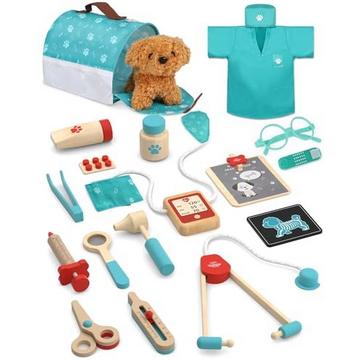 Étui de médecin pour enfants en bois, jouet vétérinaire pour enfants avec modèle de chien, étui de médecin pour enfants avec manteau et chapeau de médecin, étui de vétérinaire pour jeu de rôle pour enfants
