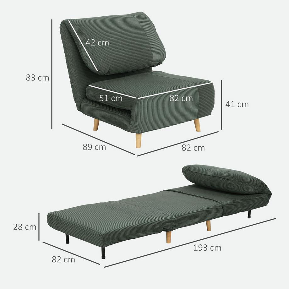 Northio 2-in-1 Schlafsofa Schlafsessel Verstellbar Klappmatratze Gästebett im Cord-Optik, für Schlafzimmer, Wohnzimmer Grün 82 x 89 x 83 cm Aosom  
