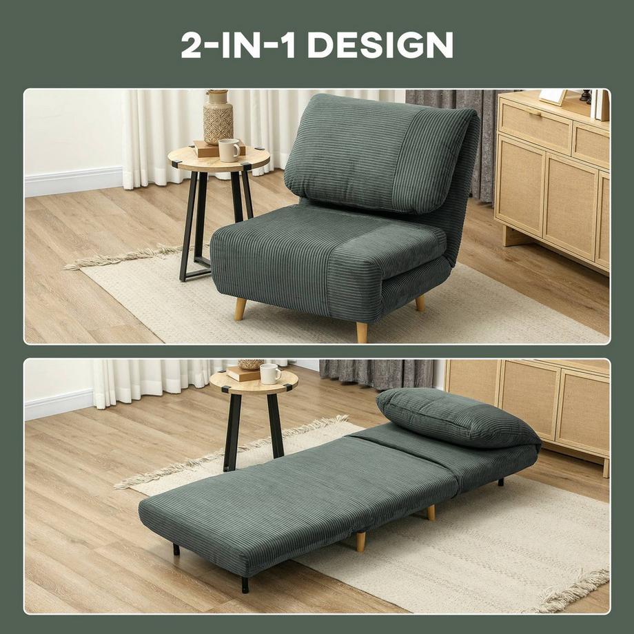 Northio 2-in-1 Schlafsofa Schlafsessel Verstellbar Klappmatratze Gästebett im Cord-Optik, für Schlafzimmer, Wohnzimmer Grün 82 x 89 x 83 cm Aosom  