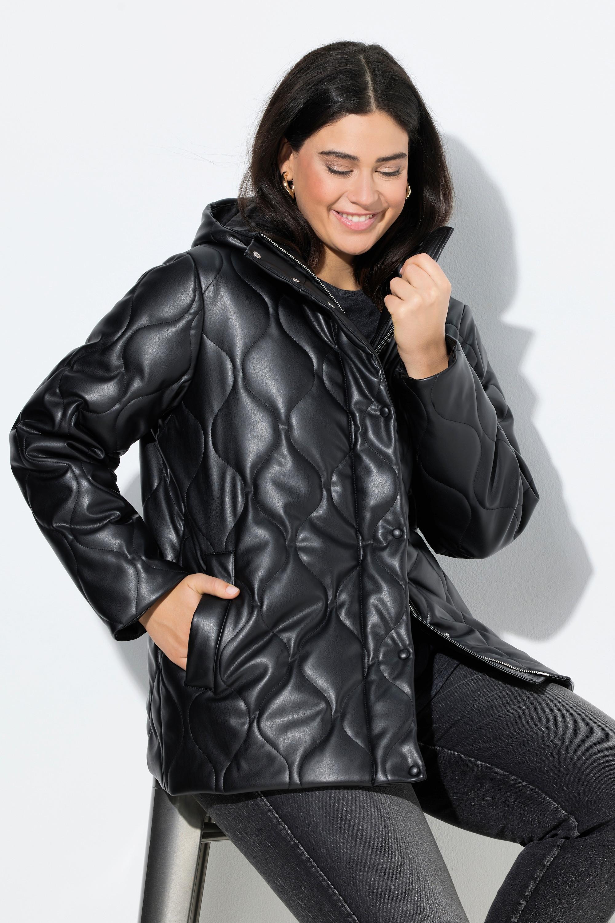 Ulla Popken Veste matelassée similicuir surpiqûre en vagues fermeture à glissière à double sens  