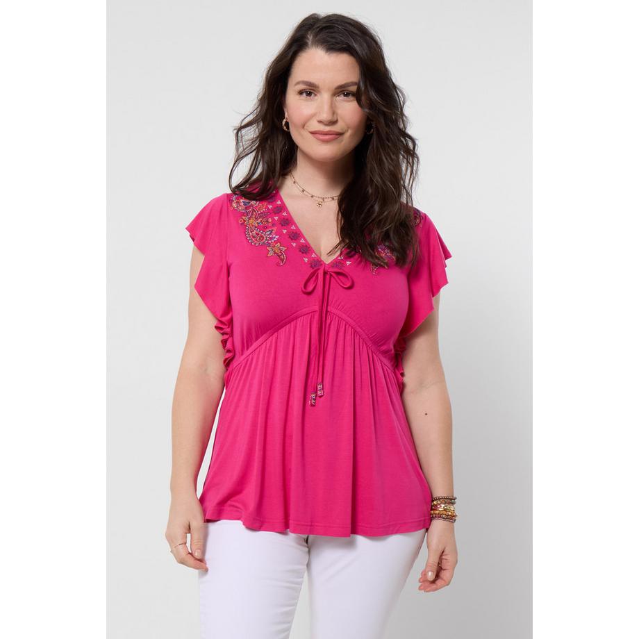 Blouse en Jersey Brodé avec Détail Noué et Manches à Volants