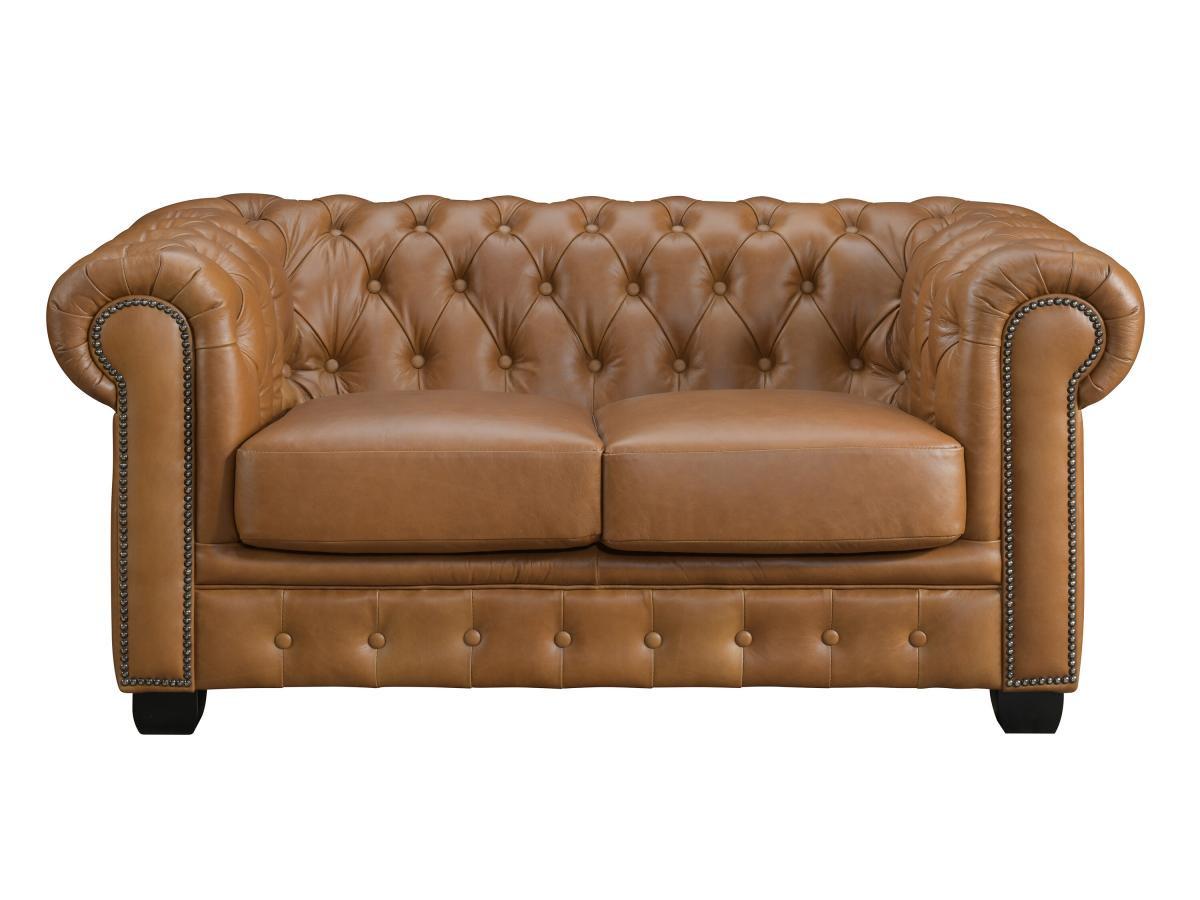 Vente-unique Chesterfield Ledersofa 2-Sitzer - Büffelleder - Karamellbraun - BRENTON  