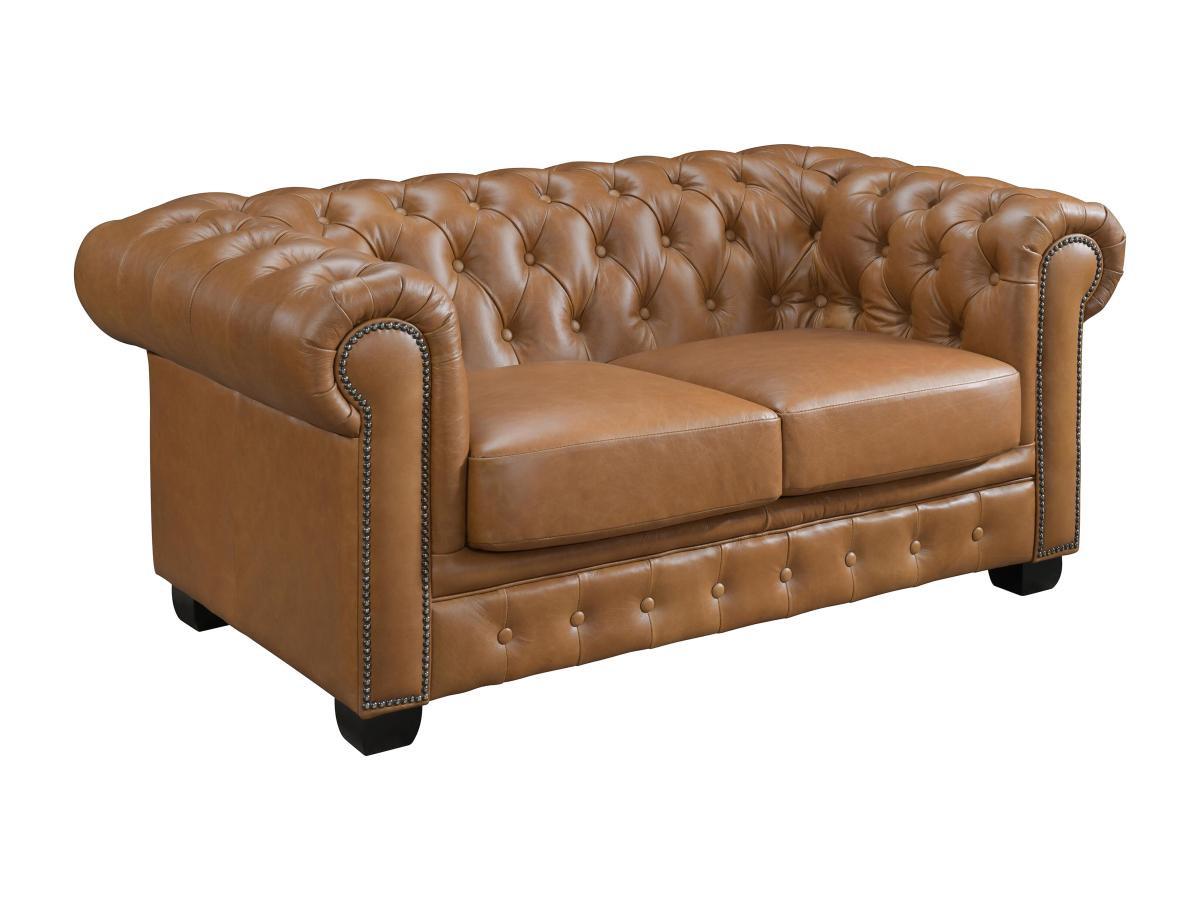 Vente-unique Chesterfield Ledersofa 2-Sitzer - Büffelleder - Karamellbraun - BRENTON  