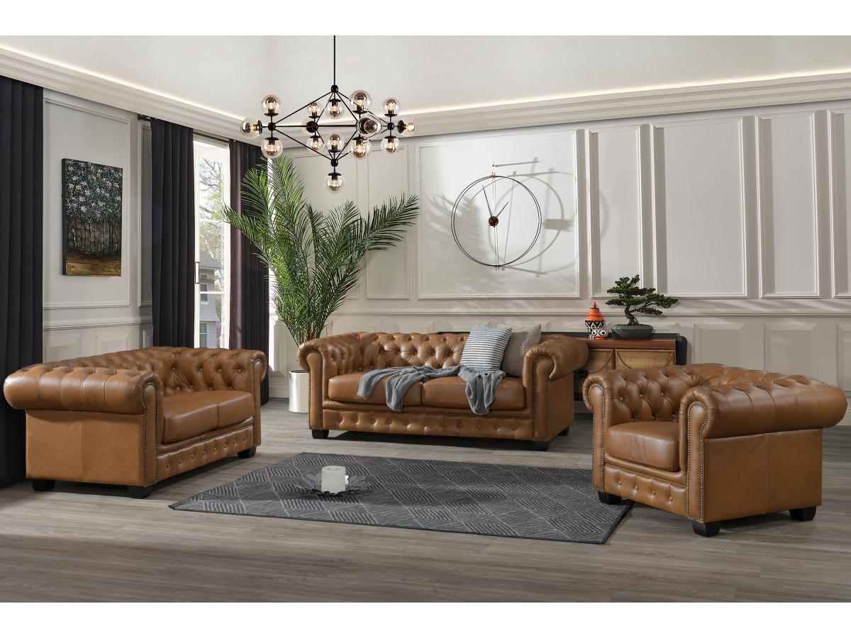 Vente-unique Chesterfield Ledersofa 2-Sitzer - Büffelleder - Karamellbraun - BRENTON  