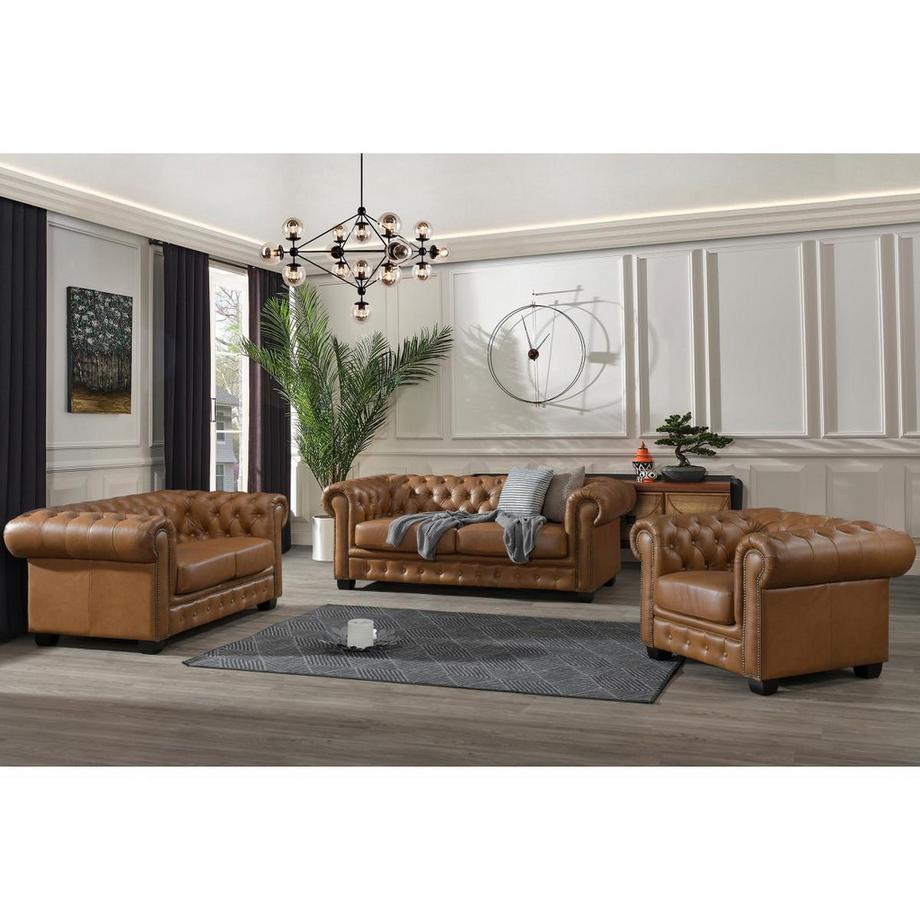 LINEA SOFA Canapé chesterfield 2 places BRENTON 100% cuir de buffle premium - Caramel vintage  