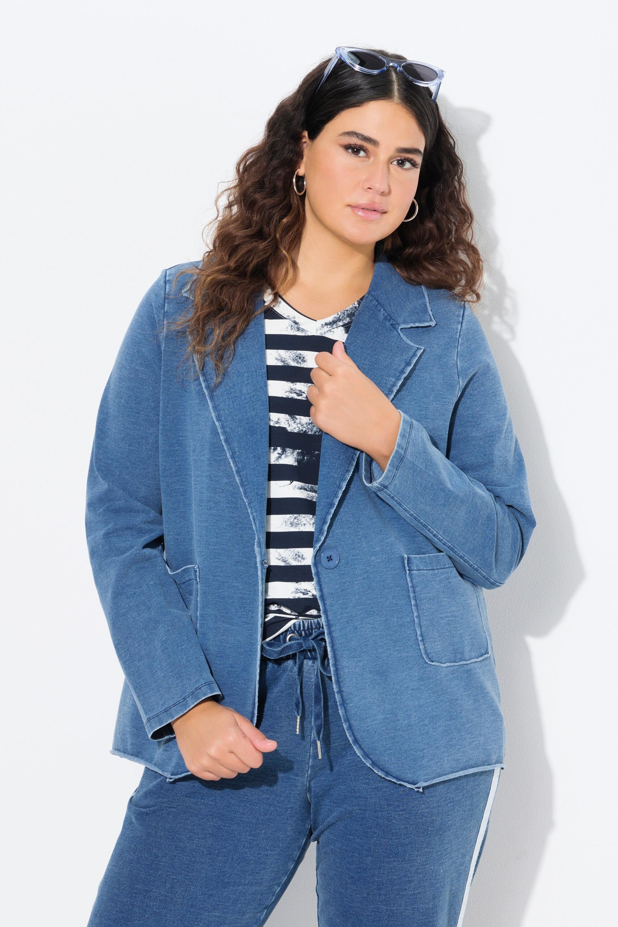 Ulla Popken  Blazer en molleton aspect jean, col à revers et manches longues 