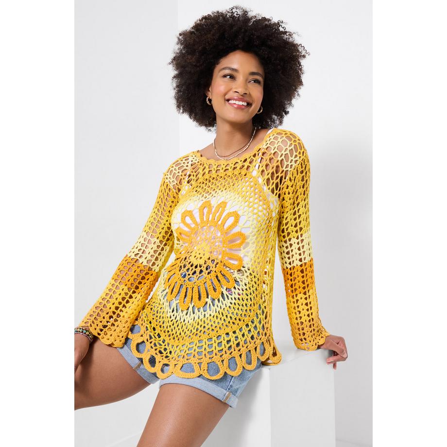 Pull Crochet Floral avec Encolure Profonde et Épaules Tombantes