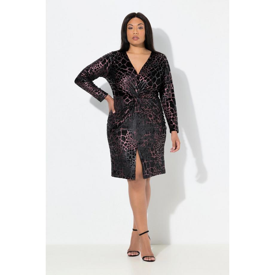 Ulla Popken Abito in Jersey Stampa Animalier Floccata Scollo a V Maniche Lunghe  