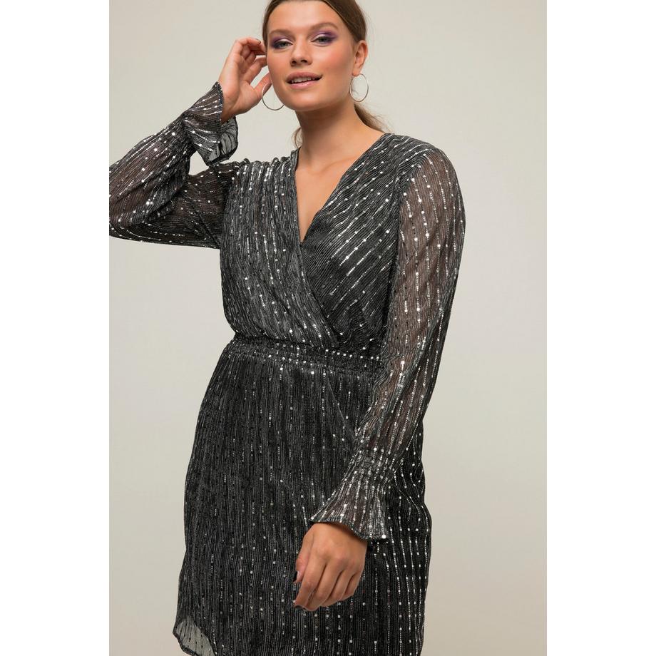 Studio Untold Abito Mini Aderente Paillettes Scollo a V Maniche Lunghe con Ruche  