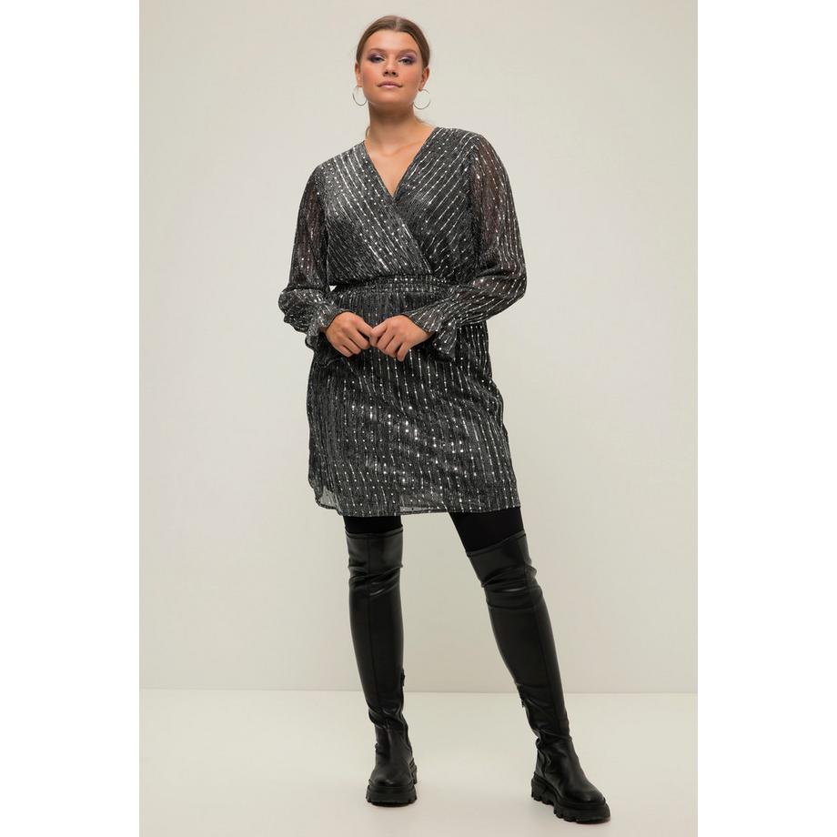 Studio Untold Abito Mini Aderente Paillettes Scollo a V Maniche Lunghe con Ruche  