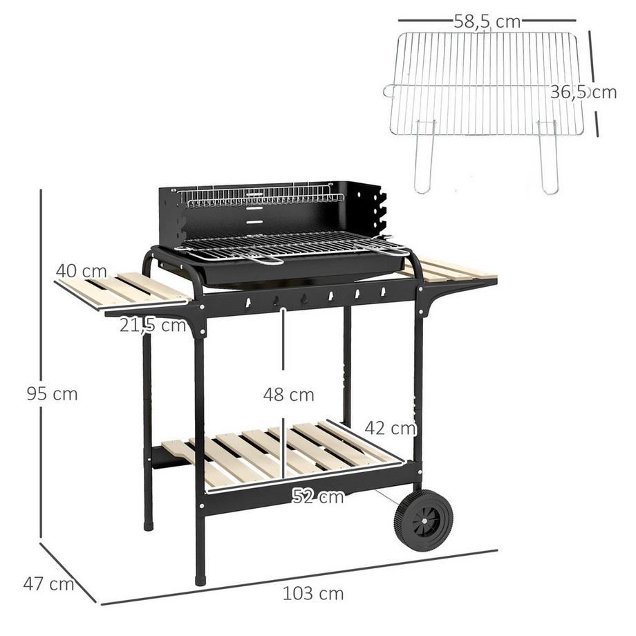 Northio Barbecue à charbon en métal, fumoir pour barbecue avec roulettes, grille réglable en hauteur, étagère en bois, chariot à charbon de bois mobile, barbecue au charbon de bois pour barbecue camping, terrasse, 103x47x95 cm Aosom  