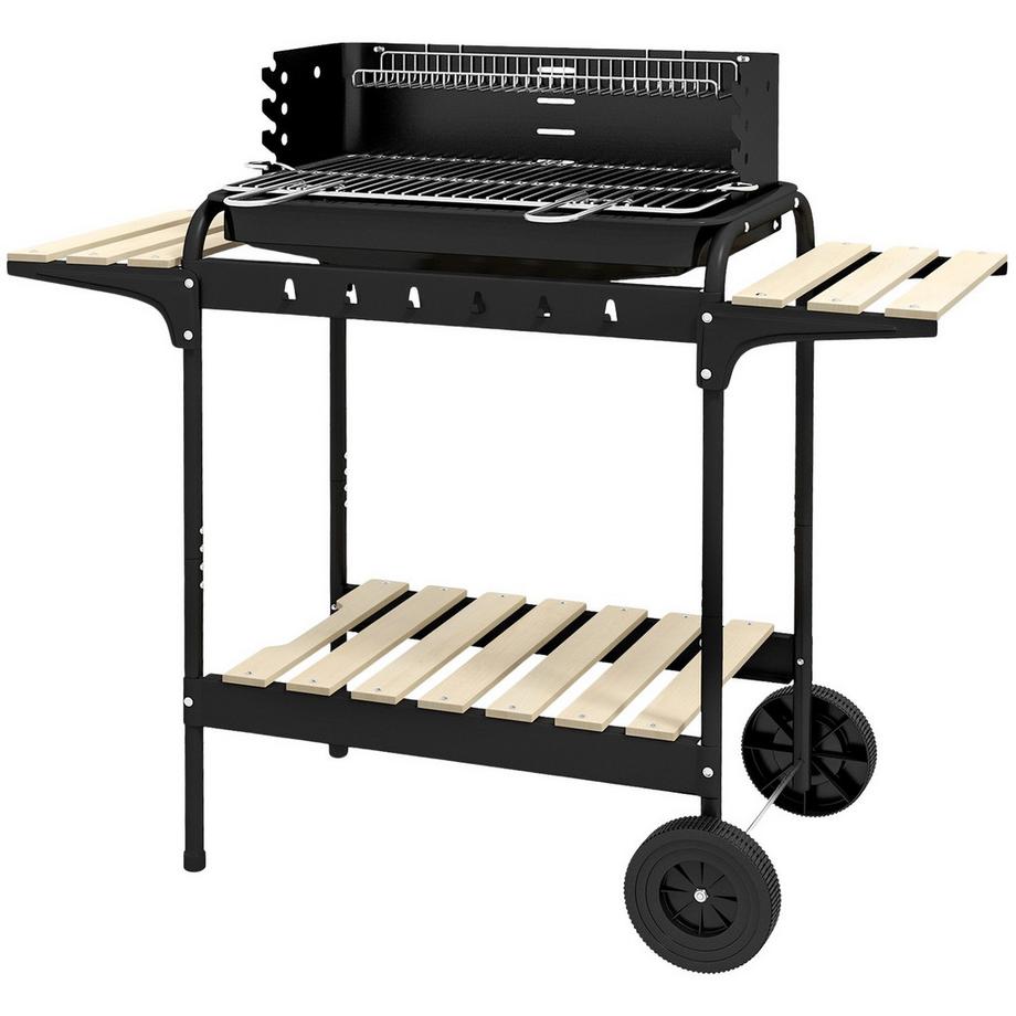 Barbecue à charbon en métal, fumoir pour barbecue avec roulettes, grille réglable en hauteur, étagère en bois, chariot à charbon de bois mobile, barbecue au charbon de bois pour barbecue camping, terrasse, 103x47x95 cm Aosom