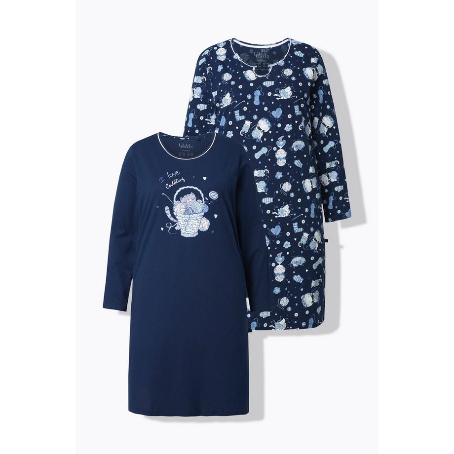 Ulla Popken Confezione Doppia Camicie da Notte Stampa Gatti Scollo Rotondo Maniche Lunghe  