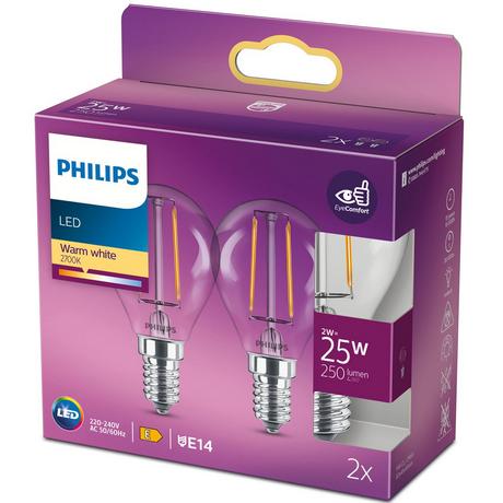 PHILIPS Confezione da 2 LED E14 Globo 2W (25W) Trasparente 250lm  