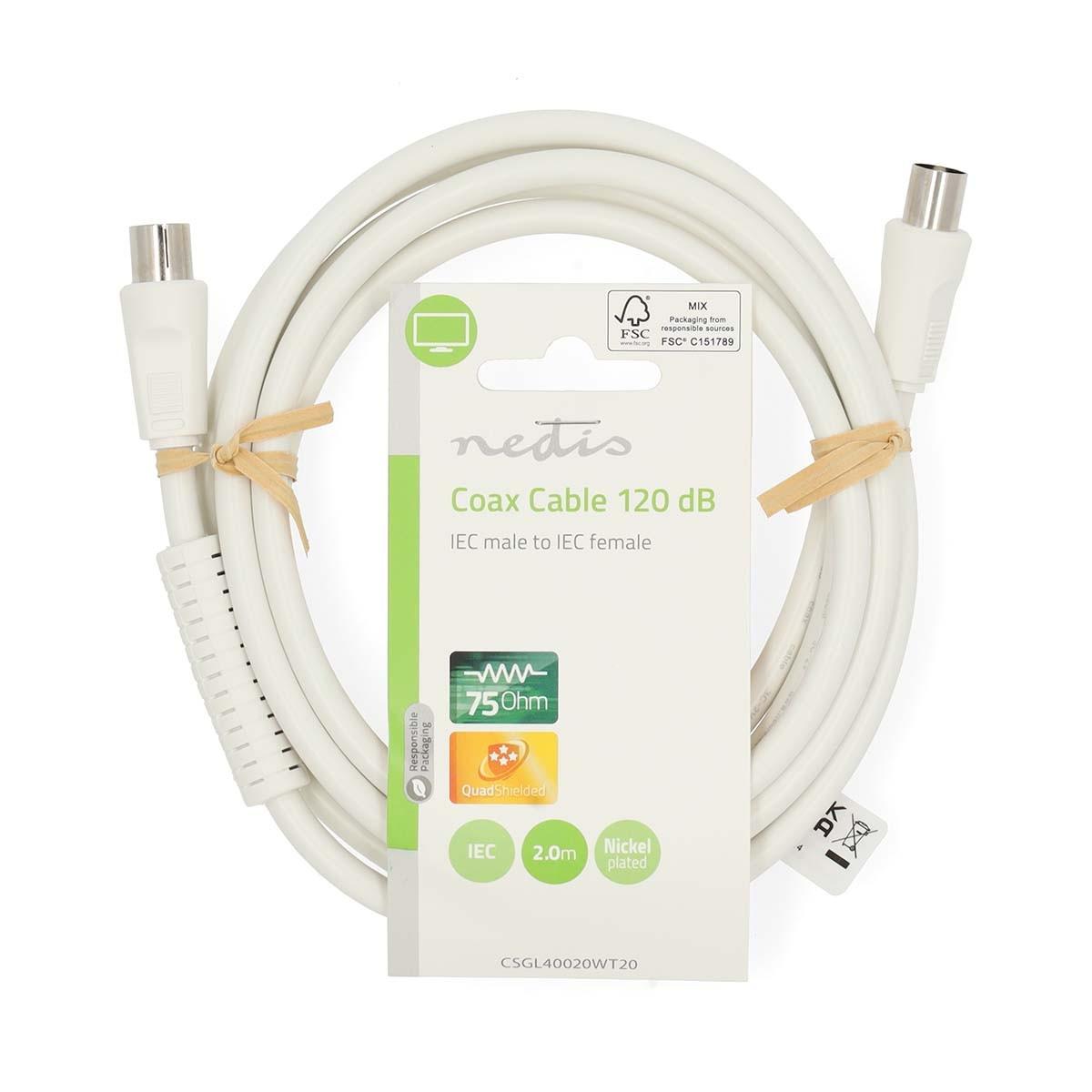 Nedis  Câble coaxial | IEC (Coax) mâle | IEC (Coax) femelle | Nickelé | 120 dB | 75 Ohm | Quatre blindages | 2.00 m | Rond | PVC | Blanc | Etiquette 