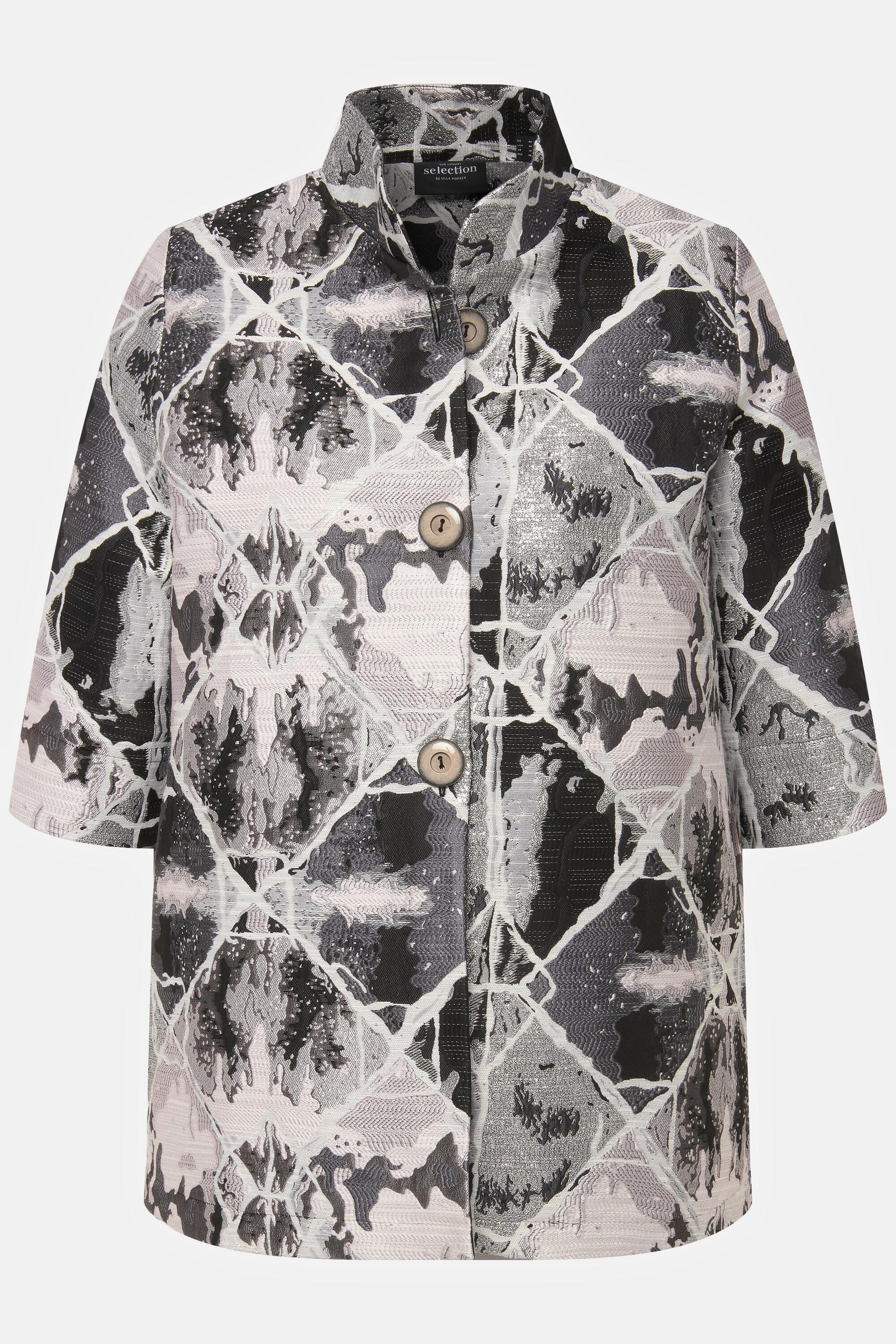 Ulla Popken Blazer Motif Carreaux Jacquard Col Montant Manches Tulipe 3/4  