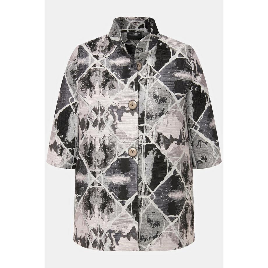 Ulla Popken Blazer Design Jacquard A Quadri Collo Alto Maniche 3/4 A Tulipano  