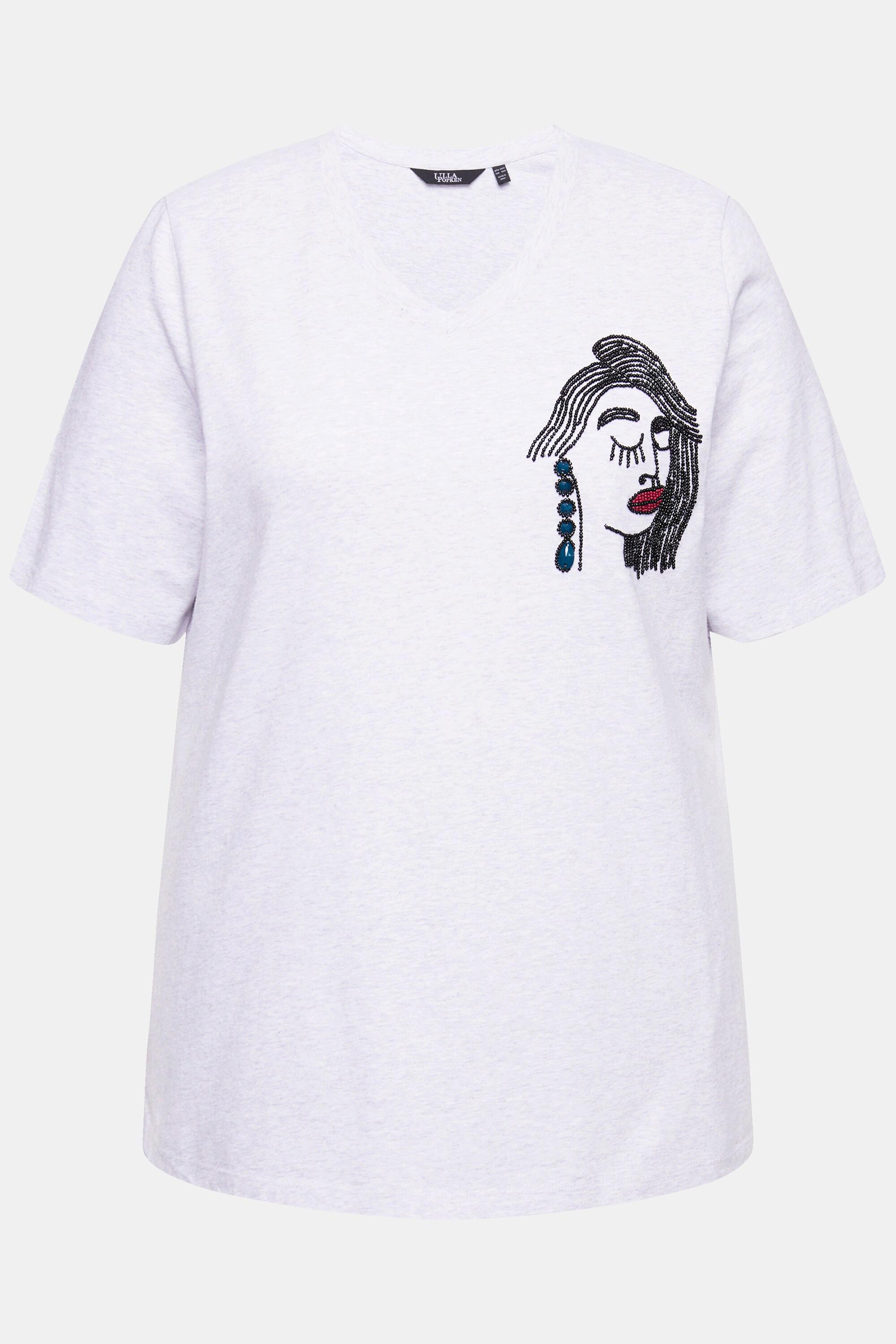 Ulla Popken T-shirt Classique Brodé Col V Manches Courtes  