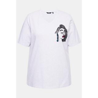 Ulla Popken T-shirt Classique Brodé Col V Manches Courtes  