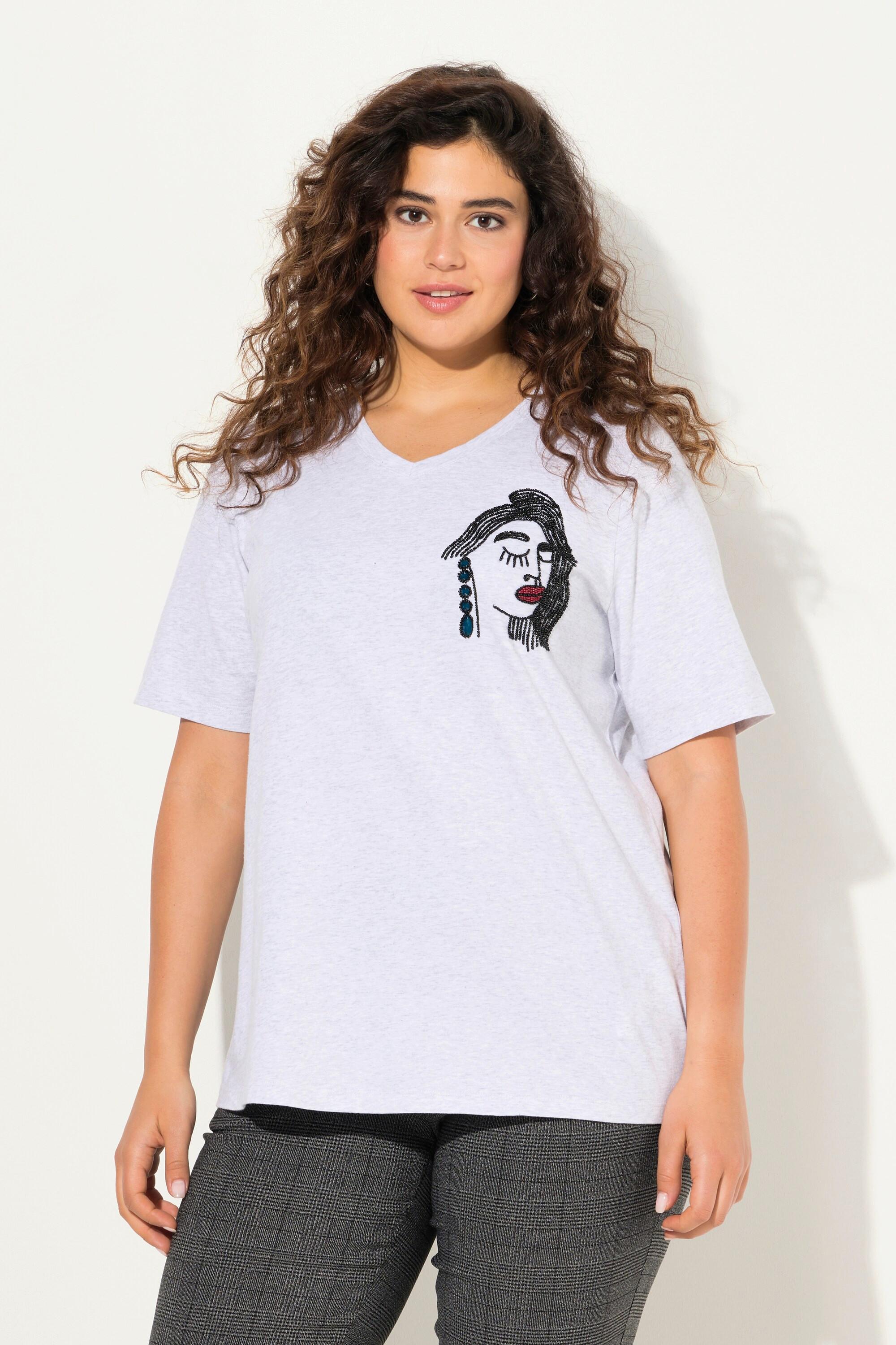 Ulla Popken  T-shirt classica con ricami, scollo a V e mezze maniche 