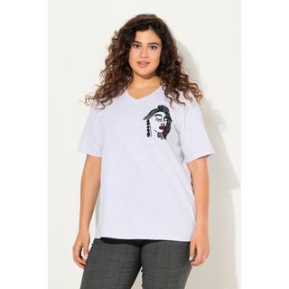 Ulla Popken T-shirt Classique Brodé Col V Manches Courtes  