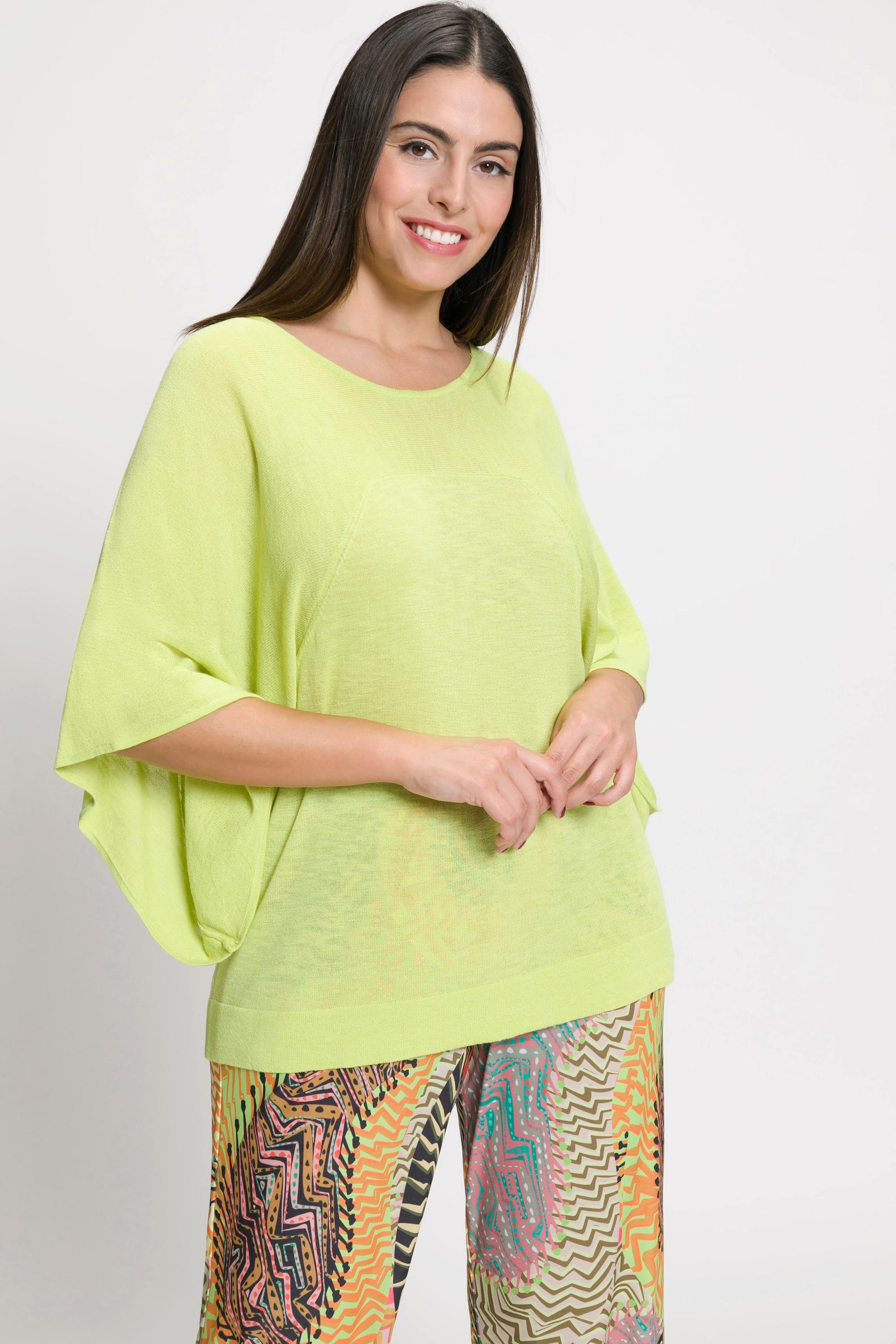 Ulla Popken  Pullover in misto lino con scollo a girocollo e mezze maniche a pipistrello 