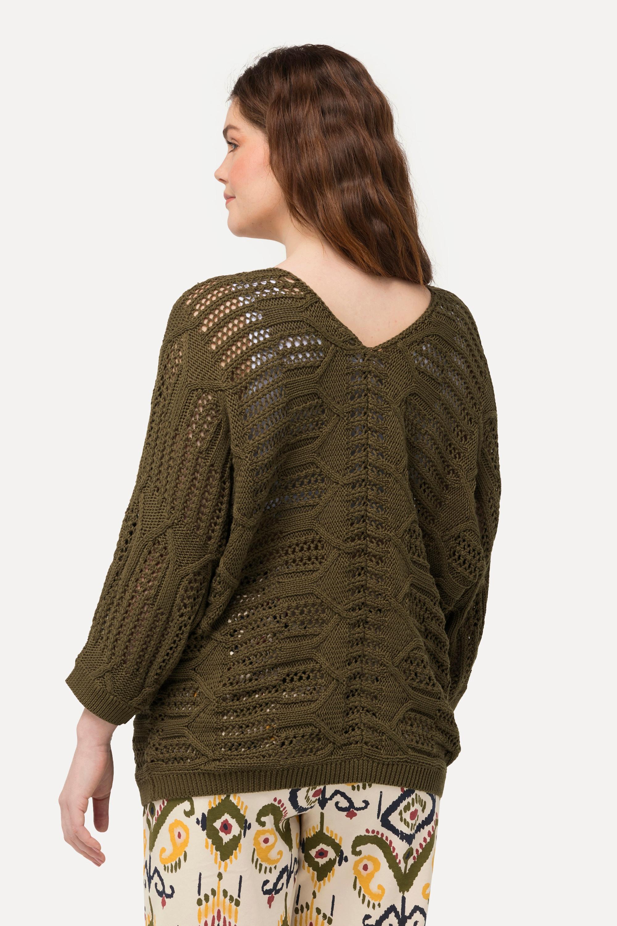 Ulla Popken  Pullover, Ajourmuster, V-Ausschnitt, 3/4-Arm, Biobaumwolle 