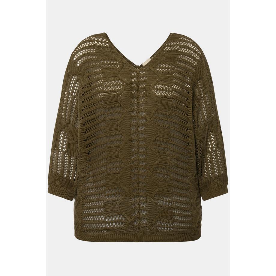 Ulla Popken Ajour V-Ausschnitt 3/4 Arm Pullover  