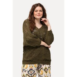 Ulla Popken  Pullover, Ajourmuster, V-Ausschnitt, 3/4-Arm, Biobaumwolle 