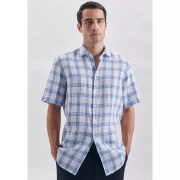 Chemise en lin Regular Fit Manche courte Carreaux